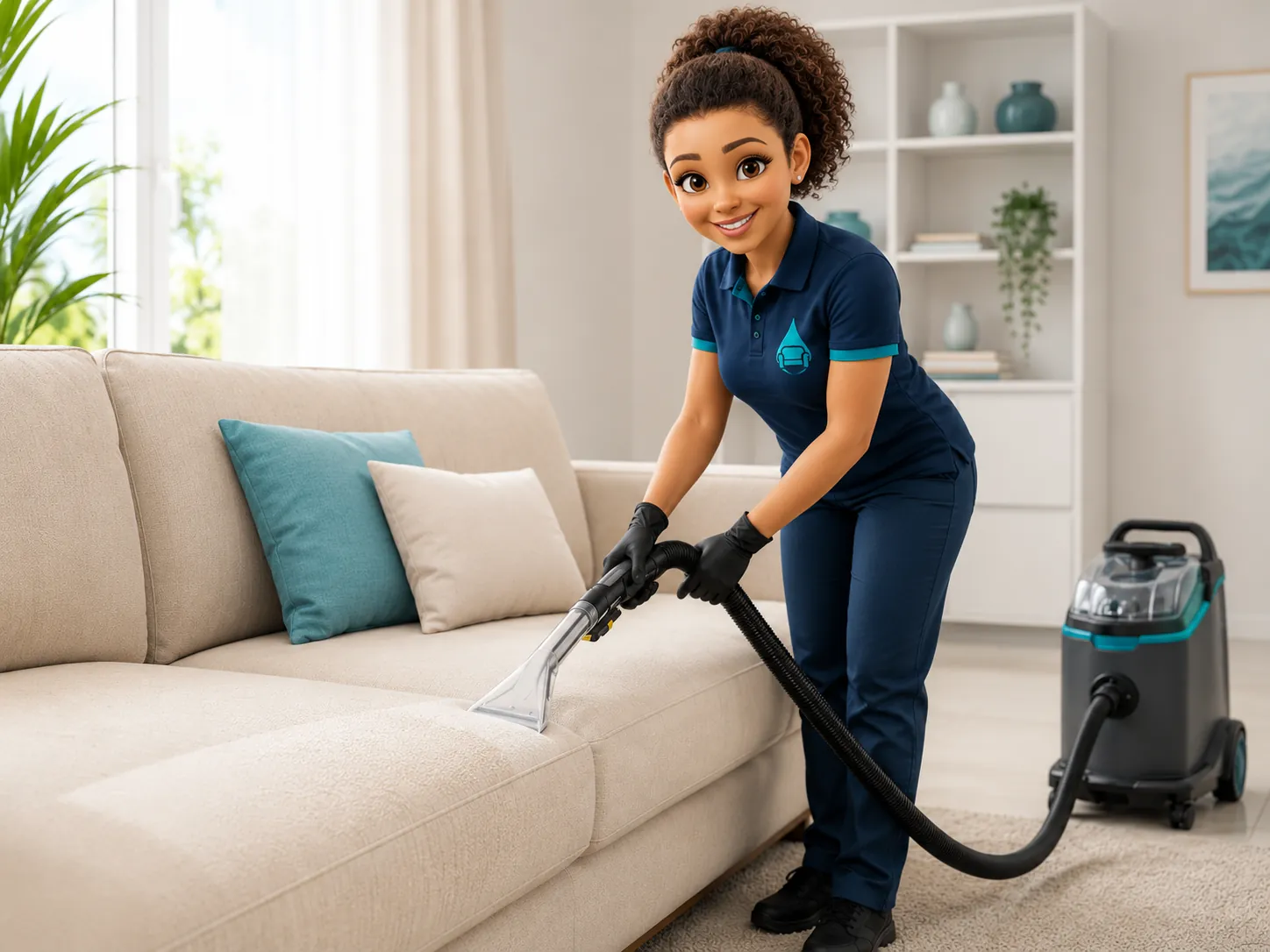 Profissional higienizando estofado com equipamento de extração